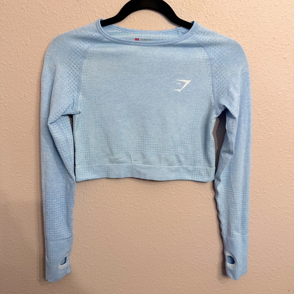 Gymshark Vital Seamless Long Sleeve Crop Top Blue Marl Thumbholes Womens M